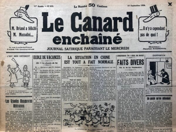 Couac ! | N° 533 du Canard Enchaîné - 15 Septembre 1926 | Nos Exemplaires du Canard Enchaîné sont archivés dans de bonnes conditions de conservation (obscurité, hygrométrie maitrisée et faible température), ce qui s'avère indispensable pour des journaux anciens. | 533