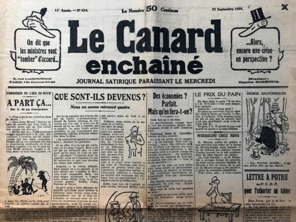 Couac ! | N° 534 du Canard Enchaîné - 22 Septembre 1926 | Nos Exemplaires du Canard Enchaîné sont archivés dans de bonnes conditions de conservation (obscurité, hygrométrie maitrisée et faible température), ce qui s'avère indispensable pour des journaux anciens. | 534