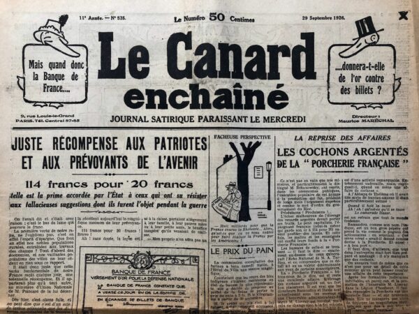 Couac ! | N° 535 du Canard Enchaîné - 29 Septembre 1926 | Nos Exemplaires du Canard Enchaîné sont archivés dans de bonnes conditions de conservation (obscurité, hygrométrie maitrisée et faible température), ce qui s'avère indispensable pour des journaux anciens. | 535