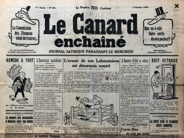 Couac ! | N° 536 du Canard Enchaîné - 6 Octobre 1926 | Nos Exemplaires du Canard Enchaîné sont archivés dans de bonnes conditions de conservation (obscurité, hygrométrie maitrisée et faible température), ce qui s'avère indispensable pour des journaux anciens. | 536