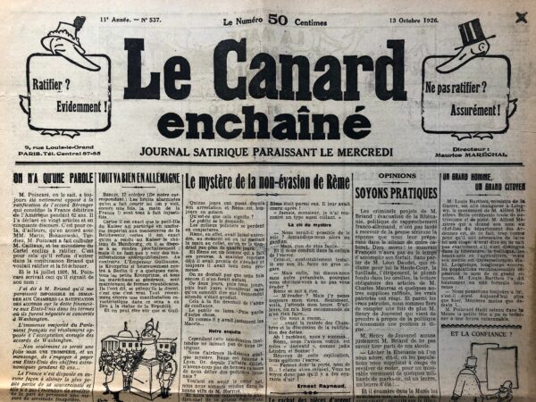 Couac ! | N° 537 du Canard Enchaîné - 13 Octobre 1926 | Nos Exemplaires du Canard Enchaîné sont archivés dans de bonnes conditions de conservation (obscurité, hygrométrie maitrisée et faible température), ce qui s'avère indispensable pour des journaux anciens. | 537