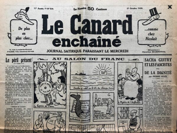 Couac ! | N° 539 du Canard Enchaîné - 27 Octobre 1926 | Nos Exemplaires du Canard Enchaîné sont archivés dans de bonnes conditions de conservation (obscurité, hygrométrie maitrisée et faible température), ce qui s'avère indispensable pour des journaux anciens. | 539