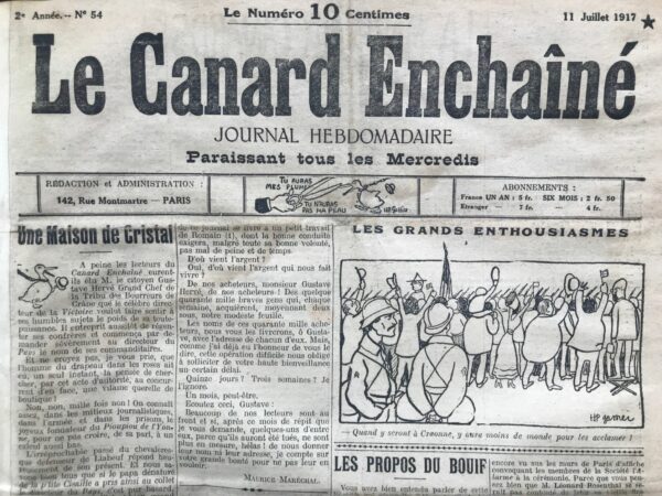 Couac ! | N° 54 du Canard Enchaîné - 11 Juillet 1917 | Nos Exemplaires du Canard Enchaîné sont archivés dans de bonnes conditions de conservation (obscurité, hygrométrie maitrisée et faible température), ce qui s'avère indispensable pour des journaux anciens. | 54 2