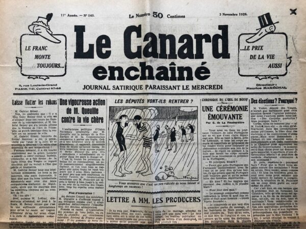 Couac ! | N° 540 du Canard Enchaîné - 3 Novembre 1926 | Nos Exemplaires du Canard Enchaîné sont archivés dans de bonnes conditions de conservation (obscurité, hygrométrie maitrisée et faible température), ce qui s'avère indispensable pour des journaux anciens. | 540