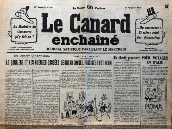 Couac ! | N° 541 du Canard Enchaîné - 10 Novembre 1926 | Nos Exemplaires du Canard Enchaîné sont archivés dans de bonnes conditions de conservation (obscurité, hygrométrie maitrisée et faible température), ce qui s'avère indispensable pour des journaux anciens. | 541