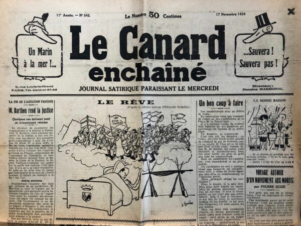 Couac ! | N° 542 du Canard Enchaîné - 17 Novembre 1926 | Nos Exemplaires du Canard Enchaîné sont archivés dans de bonnes conditions de conservation (obscurité, hygrométrie maitrisée et faible température), ce qui s'avère indispensable pour des journaux anciens. | 542