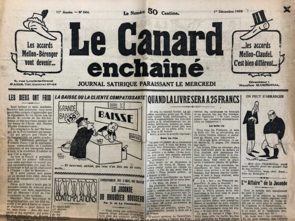 Couac ! | N° 544 du Canard Enchaîné - 1 Décembre 1926 | Nos Exemplaires du Canard Enchaîné sont archivés dans de bonnes conditions de conservation (obscurité, hygrométrie maitrisée et faible température), ce qui s'avère indispensable pour des journaux anciens. | 544