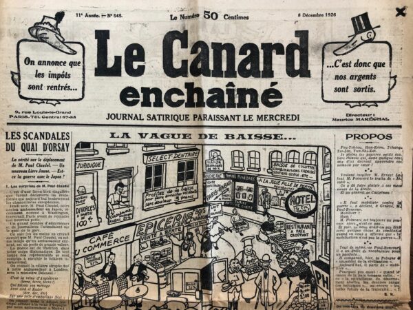 Couac ! | N° 545 du Canard Enchaîné - 8 Décembre 1926 | Nos Exemplaires du Canard Enchaîné sont archivés dans de bonnes conditions de conservation (obscurité, hygrométrie maitrisée et faible température), ce qui s'avère indispensable pour des journaux anciens. | 545