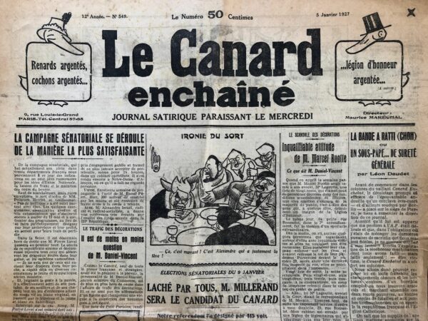 Couac ! | N° 549 du Canard Enchaîné - 5 Janvier 1927 | Nos Exemplaires du Canard Enchaîné sont archivés dans de bonnes conditions de conservation (obscurité, hygrométrie maitrisée et faible température), ce qui s'avère indispensable pour des journaux anciens. | 549