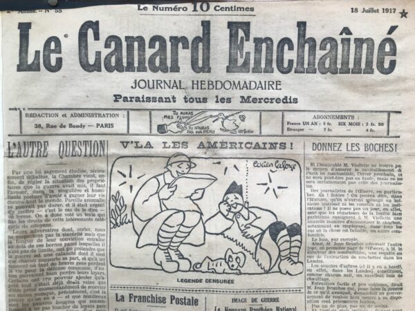 Couac ! | N° 55 du Canard Enchaîné - 18 Juillet 1917 | Nos Exemplaires du Canard Enchaîné sont archivés dans de bonnes conditions de conservation (obscurité, hygrométrie maitrisée et faible température), ce qui s'avère indispensable pour des journaux anciens. | 55 2