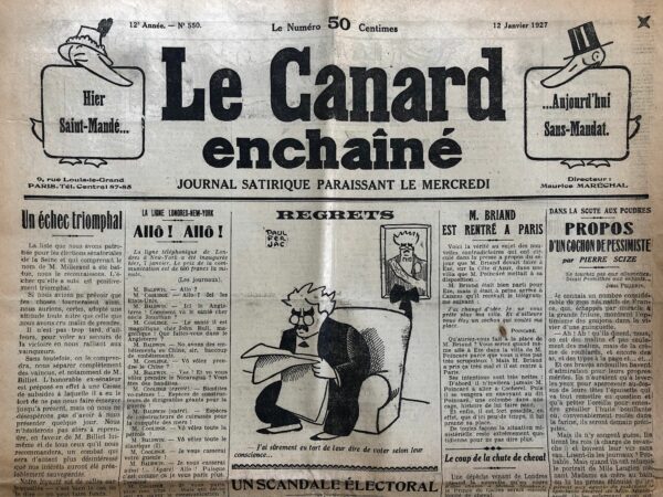 Couac ! | N° 550 du Canard Enchaîné - 12 Janvier 1927 | Nos Exemplaires du Canard Enchaîné sont archivés dans de bonnes conditions de conservation (obscurité, hygrométrie maitrisée et faible température), ce qui s'avère indispensable pour des journaux anciens. | 550