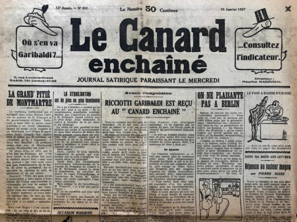 Couac ! | N° 552 du Canard Enchaîné - 26 Janvier 1927 | Nos Exemplaires du Canard Enchaîné sont archivés dans de bonnes conditions de conservation (obscurité, hygrométrie maitrisée et faible température), ce qui s'avère indispensable pour des journaux anciens. | 552