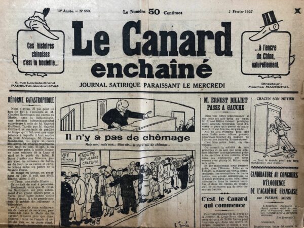 Couac ! | N° 553 du Canard Enchaîné - 2 Février 1927 | Nos Exemplaires du Canard Enchaîné sont archivés dans de bonnes conditions de conservation (obscurité, hygrométrie maitrisée et faible température), ce qui s'avère indispensable pour des journaux anciens. | 553