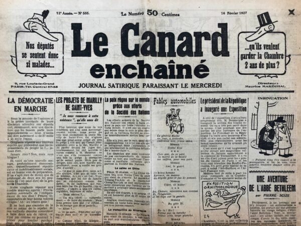 Couac ! | N° 555 du Canard Enchaîné - 16 Février 1927 | Nos Exemplaires du Canard Enchaîné sont archivés dans de bonnes conditions de conservation (obscurité, hygrométrie maitrisée et faible température), ce qui s'avère indispensable pour des journaux anciens. | 555