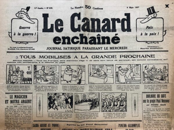 Couac ! | N° 558 du Canard Enchaîné - 9 Mars 1927 | Nos Exemplaires du Canard Enchaîné sont archivés dans de bonnes conditions de conservation (obscurité, hygrométrie maitrisée et faible température), ce qui s'avère indispensable pour des journaux anciens. | 558