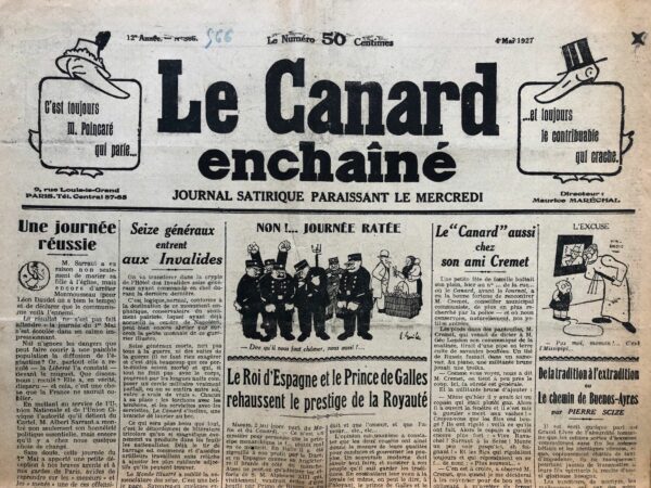 Couac ! | N° 566 du Canard Enchaîné - 4 Mai 1927 | Nos Exemplaires du Canard Enchaîné sont archivés dans de bonnes conditions de conservation (obscurité, hygrométrie maitrisée et faible température), ce qui s'avère indispensable pour des journaux anciens. | 566