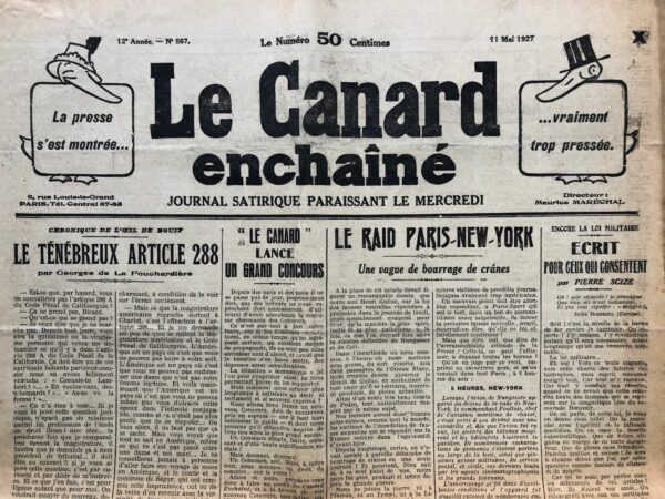 Couac ! | N° 567 du Canard Enchaîné - 11 Mai 1927 | Nos Exemplaires du Canard Enchaîné sont archivés dans de bonnes conditions de conservation (obscurité, hygrométrie maitrisée et faible température), ce qui s'avère indispensable pour des journaux anciens. | 567