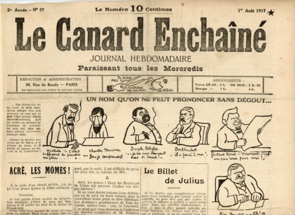 Couac ! | N° 57 du Canard Enchaîné - 1 Août 1917 | Nos Exemplaires du Canard Enchaîné sont archivés dans de bonnes conditions de conservation (obscurité, hygrométrie maitrisée et faible température), ce qui s'avère indispensable pour des journaux anciens. | 57 3