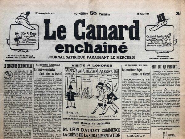 Couac ! | N° 573 du Canard Enchaîné - 22 Juin 1927 | Nos Exemplaires du Canard Enchaîné sont archivés dans de bonnes conditions de conservation (obscurité, hygrométrie maitrisée et faible température), ce qui s'avère indispensable pour des journaux anciens. | 573