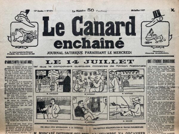 Couac ! | N° 576 du Canard Enchaîné - 13 Juillet 1927 | Nos Exemplaires du Canard Enchaîné sont archivés dans de bonnes conditions de conservation (obscurité, hygrométrie maitrisée et faible température), ce qui s'avère indispensable pour des journaux anciens. | 576