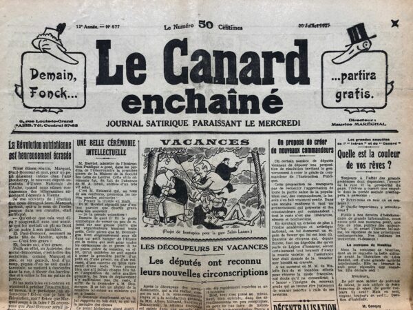 Couac ! | N° 577 du Canard Enchaîné - 20 Juillet 1927 | Nos Exemplaires du Canard Enchaîné sont archivés dans de bonnes conditions de conservation (obscurité, hygrométrie maitrisée et faible température), ce qui s'avère indispensable pour des journaux anciens. | 577