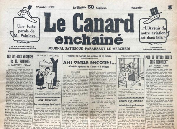 Couac ! | N° 579 du Canard Enchaîné - 3 Août 1927 | Nos Exemplaires du Canard Enchaîné sont archivés dans de bonnes conditions de conservation (obscurité, hygrométrie maitrisée et faible température), ce qui s'avère indispensable pour des journaux anciens. | 579