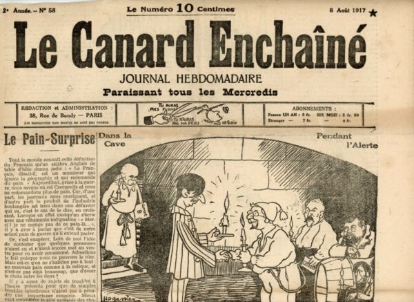 Couac ! | N° 58 du Canard Enchaîné - 8 Août 1917 | Nos Exemplaires du Canard Enchaîné sont archivés dans de bonnes conditions de conservation (obscurité, hygrométrie maitrisée et faible température), ce qui s'avère indispensable pour des journaux anciens. | 58 3