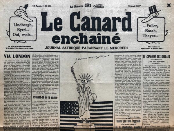 Couac ! | N° 580 du Canard Enchaîné - 10 Août 1927 | Sacco et Vanzetti et le goût du sport, par Pierre Scize - Article réquisitoire contre la société américaine, celle qui les condamne à la peine de mort - | 580