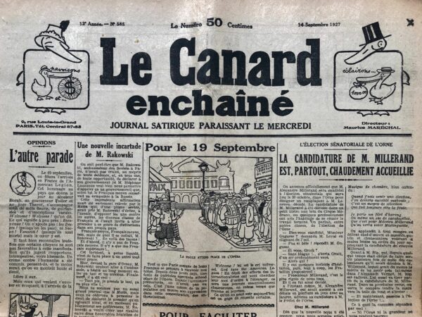 Couac ! | N° 585 du Canard Enchaîné - 14 Septembre 1927 | Nos Exemplaires du Canard Enchaîné sont archivés dans de bonnes conditions de conservation (obscurité, hygrométrie maitrisée et faible température), ce qui s'avère indispensable pour des journaux anciens. | 585