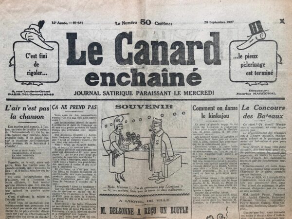 Couac ! | N° 587 du Canard Enchaîné - 28 Septembre 1927 | Nos Exemplaires du Canard Enchaîné sont archivés dans de bonnes conditions de conservation (obscurité, hygrométrie maitrisée et faible température), ce qui s'avère indispensable pour des journaux anciens. | 587