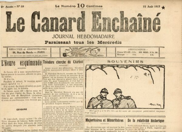 Couac ! | N° 59 du Canard Enchaîné - 15 Août 1917 | Nos Exemplaires du Canard Enchaîné sont archivés dans de bonnes conditions de conservation (obscurité, hygrométrie maitrisée et faible température), ce qui s'avère indispensable pour des journaux anciens. | 59 3