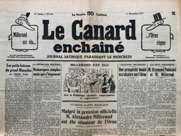 Couac ! | N° 592 du Canard Enchaîné - 2 Novembre 1927 | Nos Exemplaires du Canard Enchaîné sont archivés dans de bonnes conditions de conservation (obscurité, hygrométrie maitrisée et faible température), ce qui s'avère indispensable pour des journaux anciens. | 592