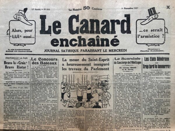 Couac ! | N° 593 du Canard Enchaîné - 9 Novembre 1927 | Nos Exemplaires du Canard Enchaîné sont archivés dans de bonnes conditions de conservation (obscurité, hygrométrie maitrisée et faible température), ce qui s'avère indispensable pour des journaux anciens. | 593