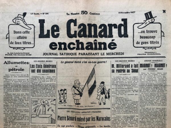 Couac ! | N° 594 du Canard Enchaîné - 16 Novembre 1927 | Nos Exemplaires du Canard Enchaîné sont archivés dans de bonnes conditions de conservation (obscurité, hygrométrie maitrisée et faible température), ce qui s'avère indispensable pour des journaux anciens. | 594 1