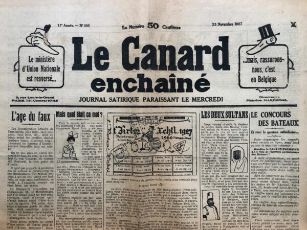 Couac ! | N° 595 du Canard Enchaîné - 23 Novembre 1927 | Nos Exemplaires du Canard Enchaîné sont archivés dans de bonnes conditions de conservation (obscurité, hygrométrie maitrisée et faible température), ce qui s'avère indispensable pour des journaux anciens. | 595