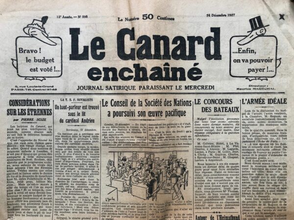 Couac ! | N° 598 du Canard Enchaîné - 14 Décembre 1927 | Nos Exemplaires du Canard Enchaîné sont archivés dans de bonnes conditions de conservation (obscurité, hygrométrie maitrisée et faible température), ce qui s'avère indispensable pour des journaux anciens. | 598 1