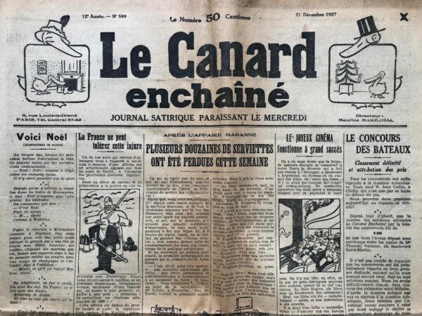 Couac ! | N° 599 du Canard Enchaîné - 21 Décembre 1927 | Nos Exemplaires du Canard Enchaîné sont archivés dans de bonnes conditions de conservation (obscurité, hygrométrie maitrisée et faible température), ce qui s'avère indispensable pour des journaux anciens. | 599