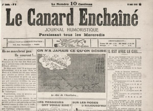 Couac ! | N° 6 du Canard Enchaîné - 9 Août 1916 | Ils ne marchent pas. Ils courent !... - Le Canard révèle son "canard" dans lequel la "grande Presse" est tombée sans se poser de question, ...avec l'affaire du sous-marin parti en kit en Amérique. Ce canular, monté par le Canard pour se moquer de cette presse, a été publié sous le titre La fin d'un bluff dans l'édition du 26 juillet. Pas le seul mais un numéro particulièrement caviardé par les ciseaux d'Anastasie => illustration de la censure pendant la guerre. | 6 4