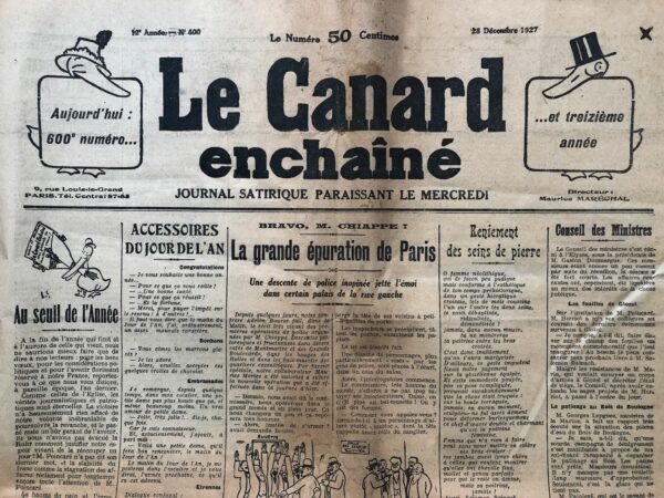 Couac ! | N° 600 du Canard Enchaîné - 28 Décembre 1927 | Nos Exemplaires du Canard Enchaîné sont archivés dans de bonnes conditions de conservation (obscurité, hygrométrie maitrisée et faible température), ce qui s'avère indispensable pour des journaux anciens. | 600 1