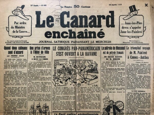 Couac ! | N° 603 du Canard Enchaîné - 18 Janvier 1928 | Nos Exemplaires du Canard Enchaîné sont archivés dans de bonnes conditions de conservation (obscurité, hygrométrie maitrisée et faible température), ce qui s'avère indispensable pour des journaux anciens. | 603