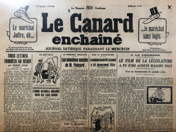 Couac ! | N° 606 du Canard Enchaîné - 8 Février 1928 | Nos Exemplaires du Canard Enchaîné sont archivés dans de bonnes conditions de conservation (obscurité, hygrométrie maitrisée et faible température), ce qui s'avère indispensable pour des journaux anciens. | 606