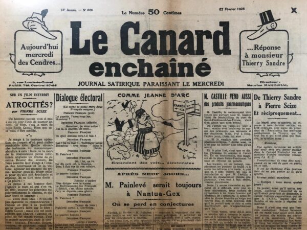 Couac ! | N° 608 du Canard Enchaîné - 22 Février 1928 | Nos Exemplaires du Canard Enchaîné sont archivés dans de bonnes conditions de conservation (obscurité, hygrométrie maitrisée et faible température), ce qui s'avère indispensable pour des journaux anciens. | 608 1