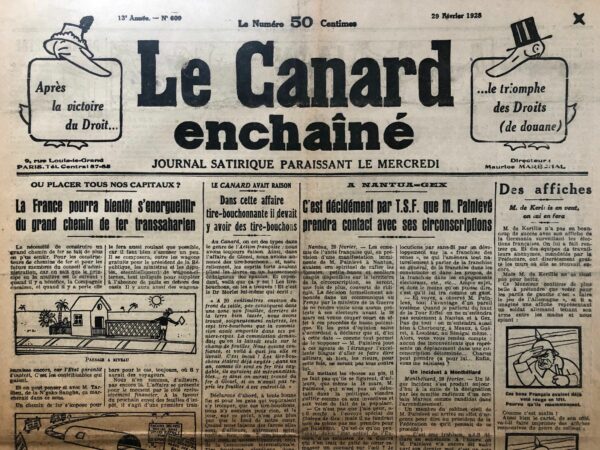 Couac ! | N° 609 du Canard Enchaîné - 29 Février 1928 | Nos Exemplaires du Canard Enchaîné sont archivés dans de bonnes conditions de conservation (obscurité, hygrométrie maitrisée et faible température), ce qui s'avère indispensable pour des journaux anciens. | 609