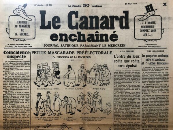 Couac ! | N° 611 du Canard Enchaîné - 14 Mars 1928 | Nos Exemplaires du Canard Enchaîné sont archivés dans de bonnes conditions de conservation (obscurité, hygrométrie maitrisée et faible température), ce qui s'avère indispensable pour des journaux anciens. | 611