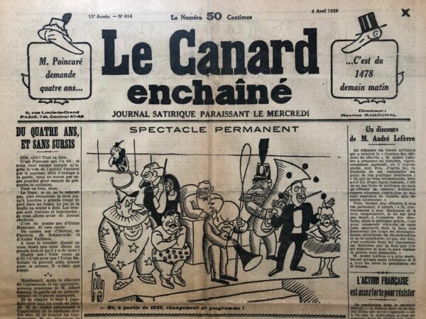 Couac ! | N° 614 du Canard Enchaîné - 4 Avril 1928 | Nos Exemplaires du Canard Enchaîné sont archivés dans de bonnes conditions de conservation (obscurité, hygrométrie maitrisée et faible température), ce qui s'avère indispensable pour des journaux anciens. | 614 2