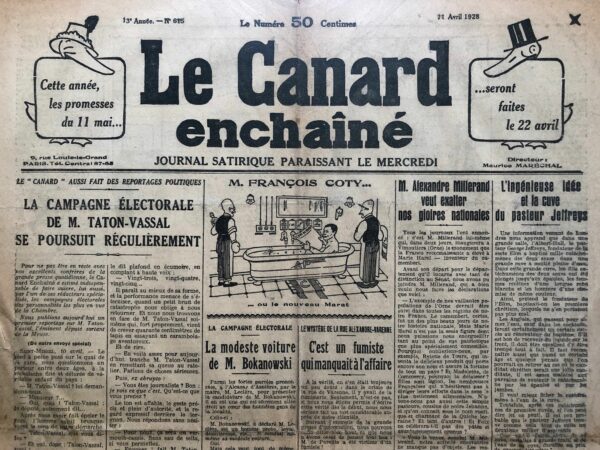 Couac ! | N° 615 du Canard Enchaîné - 11 Avril 1928 | Nos Exemplaires du Canard Enchaîné sont archivés dans de bonnes conditions de conservation (obscurité, hygrométrie maitrisée et faible température), ce qui s'avère indispensable pour des journaux anciens. | 615