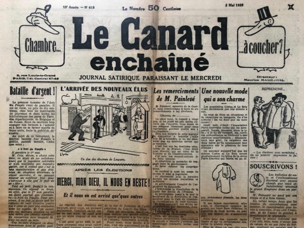 Couac ! | N° 618 du Canard Enchaîné - 2 Mai 1928 | Nos Exemplaires du Canard Enchaîné sont archivés dans de bonnes conditions de conservation (obscurité, hygrométrie maitrisée et faible température), ce qui s'avère indispensable pour des journaux anciens. | 618