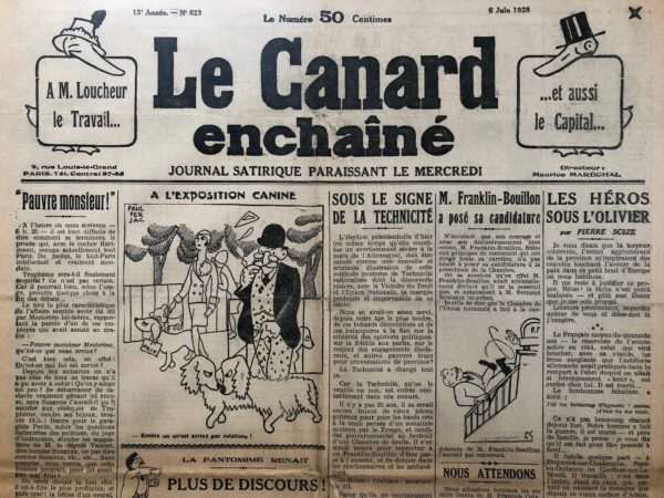 Couac ! | N° 623 du Canard Enchaîné - 6 Juin 1928 | Nos Exemplaires du Canard Enchaîné sont archivés dans de bonnes conditions de conservation (obscurité, hygrométrie maitrisée et faible température), ce qui s'avère indispensable pour des journaux anciens. | 623