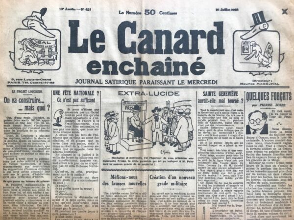 Couac ! | N° 628 du Canard Enchaîné - 11 Juillet 1928 | Nos Exemplaires du Canard Enchaîné sont archivés dans de bonnes conditions de conservation (obscurité, hygrométrie maitrisée et faible température), ce qui s'avère indispensable pour des journaux anciens. | 628 rotated