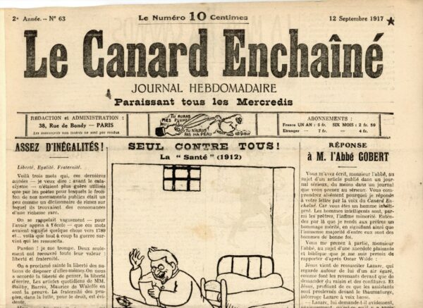 Couac ! | N° 63 du Canard Enchaîné - 12 Septembre 1917 | Nos Exemplaires du Canard Enchaîné sont archivés dans de bonnes conditions de conservation (obscurité, hygrométrie maitrisée et faible température), ce qui s'avère indispensable pour des journaux anciens. | 63 3